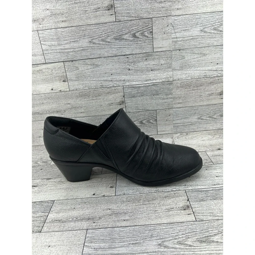 Clarks Collection Women Black Leather Ruched Shooties Block‎ Heel Size 8W